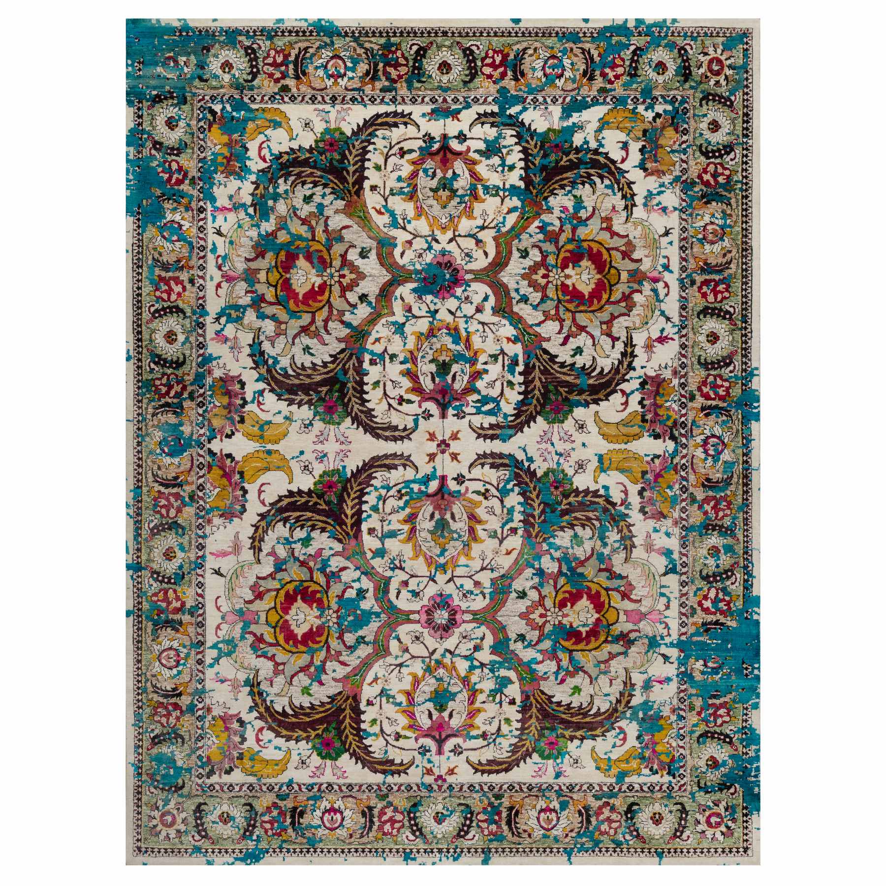 9'x12' Papyrus White, Colorful Polonaise Broken Design, Hand Knotted, Wool and Sari Silk, Oriental Rug 